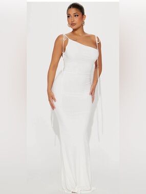 Fashion Nova White One-Shoulder Tie-Strap Maxi Dress ‼️FLAWED‼️ SOLD OUT ONLINE